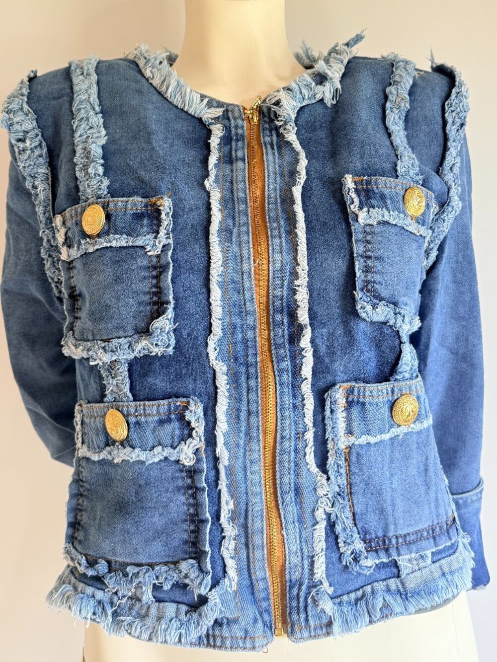 Denim Jacket Frayed Trim Gold Buttons Zip Front
